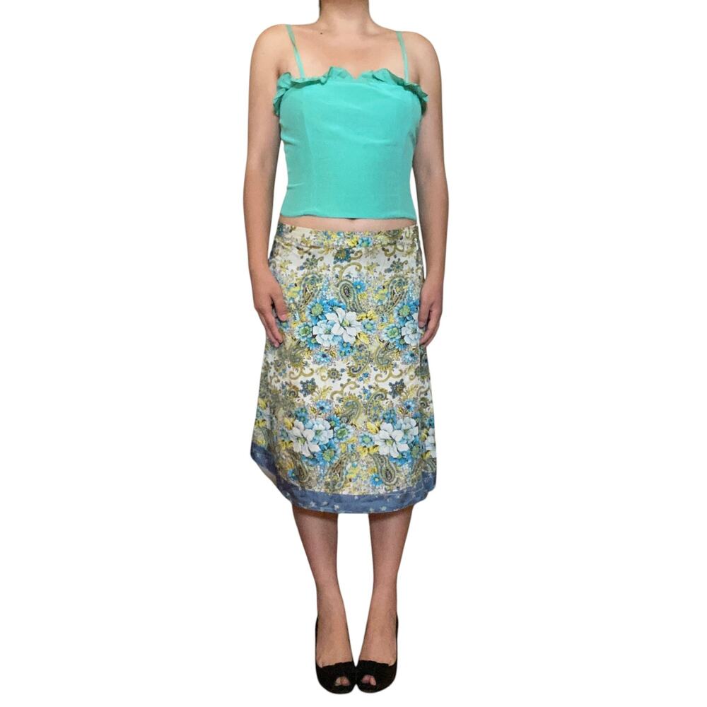 Old Navy Y2K Vintage Floral Low Rise Midi Skirt Silk 8 Blue Yellow